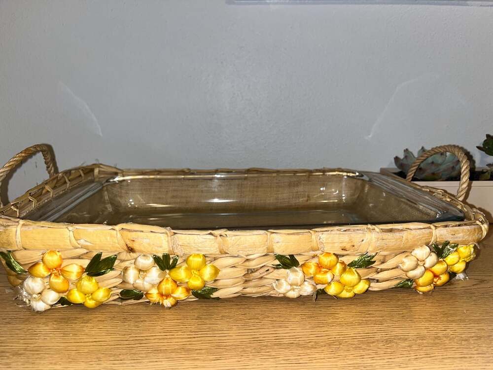 Pyrex 7x11 Baking Dish with Woven Serving Basket – Classic Serveware for Gatheri